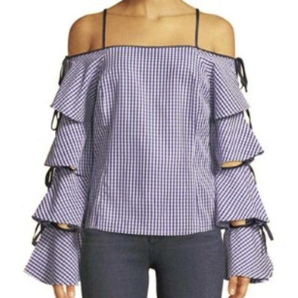 Free Generation Blue & White Gingham Print Top with Ruffle Tie Sleeves